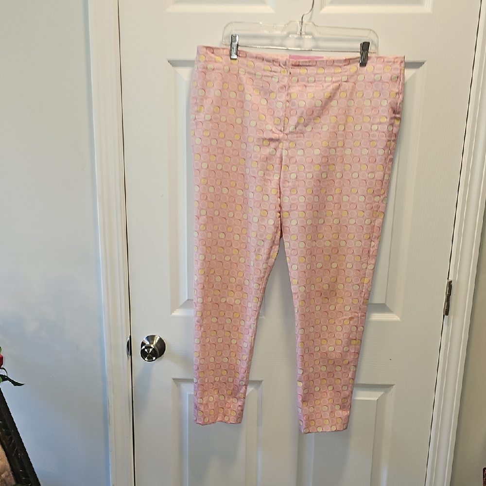 Benard Zins French Slim Ankle Pants, Pink & Yellow Concentric Circles, Size 10